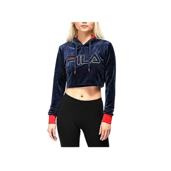 FILA Antonella Navy Velour Crop Hoodie Size Large - Picture 1 of 5